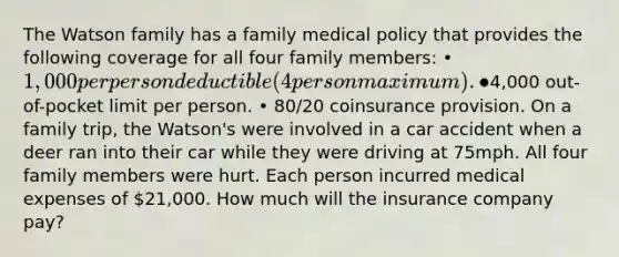 The Watson family has a family medical policy that provides the following coverage for all four family members: • 1,000 per person deductible (4 person maximum). •4,000 out-of-pocket limit per person. • 80/20 coinsurance provision. On a family trip, the Watson's were involved in a car accident when a deer ran into their car while they were driving at 75mph. All four family members were hurt. Each person incurred medical expenses of 21,000. How much will the insurance company pay?