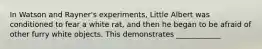 In Watson and Rayner's experiments, Little Albert was conditioned to fear a white rat, and then he began to be afraid of other furry white objects. This demonstrates ____________