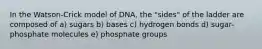 In the Watson-Crick model of DNA, the "sides" of the ladder are composed of a) sugars b) bases c) hydrogen bonds d) sugar-phosphate molecules e) phosphate groups