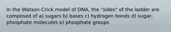 In the Watson-Crick model of DNA, the "sides" of the ladder are composed of a) sugars b) bases c) hydrogen bonds d) sugar-phosphate molecules e) phosphate groups