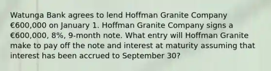 Watunga Bank agrees to lend Hoffman Granite Company €600,000 on January 1. Hoffman Granite Company signs a €600,000, 8%, 9-month note. What entry will Hoffman Granite make to pay off the note and interest at maturity assuming that interest has been accrued to September 30?