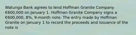 Watunga Bank agrees to lend Hoffman Granite Company €600,000 on January 1. Hoffman Granite Company signs a €600,000, 8%, 9-month note. The entry made by Hoffman Granite on January 1 to record the proceeds and issuance of the note is