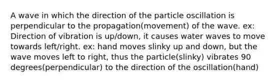 A wave in which the direction of the particle oscillation is perpendicular to the propagation(movement) of the wave. ex: Direction of vibration is up/down, it causes water waves to move towards left/right. ex: hand moves slinky up and down, but the wave moves left to right, thus the particle(slinky) vibrates 90 degrees(perpendicular) to the direction of the oscillation(hand)