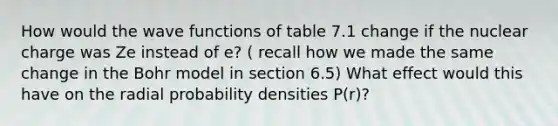 How would the wave functions of table 7.1 change if the nuclear charge was Ze instead of e? ( recall how we made the same change in the Bohr model in section 6.5) What effect would this have on the radial probability densities P(r)?