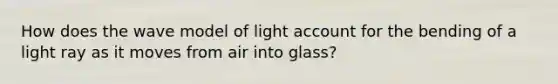 How does the wave model of light account for the bending of a light ray as it moves from air into glass?