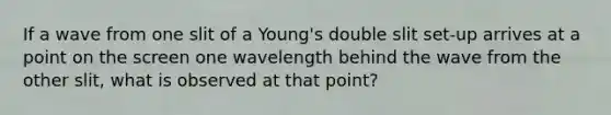 If a wave from one slit of a Young's double slit set-up arrives at a point on the screen one wavelength behind the wave from the other slit, what is observed at that point?