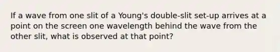 If a wave from one slit of a Young's double-slit set-up arrives at a point on the screen one wavelength behind the wave from the other slit, what is observed at that point?