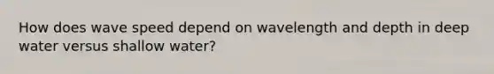 How does wave speed depend on wavelength and depth in deep water versus shallow water?