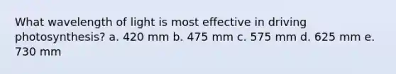 What wavelength of light is most effective in driving photosynthesis? a. 420 mm b. 475 mm c. 575 mm d. 625 mm e. 730 mm