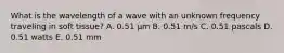 What is the wavelength of a wave with an unknown frequency traveling in soft tissue? A. 0.51 µm B. 0.51 m/s C. 0.51 pascals D. 0.51 watts E. 0.51 mm