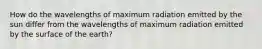 How do the wavelengths of maximum radiation emitted by the sun differ from the wavelengths of maximum radiation emitted by the surface of the earth?