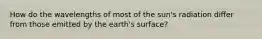 How do the wavelengths of most of the sun's radiation differ from those emitted by the earth's surface?