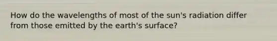 How do the wavelengths of most of the sun's radiation differ from those emitted by the earth's surface?