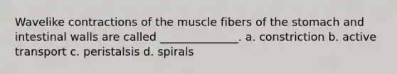 Wavelike contractions of the muscle fibers of the stomach and intestinal walls are called ______________. a. constriction b. active transport c. peristalsis d. spirals