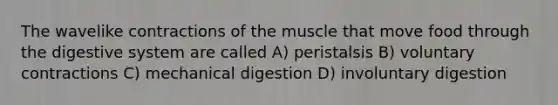 The wavelike contractions of the muscle that move food through the digestive system are called A) peristalsis B) voluntary contractions C) mechanical digestion D) involuntary digestion