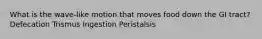 What is the wave-like motion that moves food down the GI tract? Defecation Trismus Ingestion Peristalsis