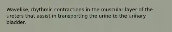 Wavelike, rhythmic contractions in the muscular layer of the ureters that assist in transporting the urine to the urinary bladder.