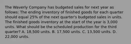 The Waverly Company has budgeted sales for next year as follows: The ending inventory of finished goods for each quarter should equal 25% of the next quarter's budgeted sales in units. The finished goods inventory at the start of the year is 3,000 units. What should be the scheduled production for the third quarter? A. 18,500 units. B. 17,500 units. C. 13,500 units. D. 22,000 units.