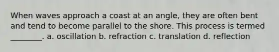 When waves approach a coast at an angle, they are often bent and tend to become parallel to the shore. This process is termed ________. a. oscillation b. refraction c. translation d. reflection