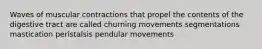 Waves of muscular contractions that propel the contents of the digestive tract are called churning movements segmentations mastication peristalsis pendular movements