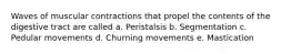 Waves of muscular contractions that propel the contents of the digestive tract are called a. Peristalsis b. Segmentation c. Pedular movements d. Churning movements e. Mastication