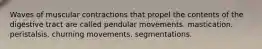 Waves of muscular contractions that propel the contents of the digestive tract are called pendular movements. mastication. peristalsis. churning movements. segmentations.