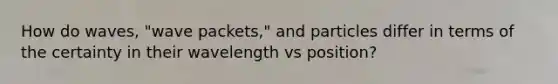 How do waves, "wave packets," and particles differ in terms of the certainty in their wavelength vs position?