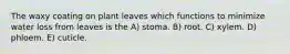The waxy coating on plant leaves which functions to minimize water loss from leaves is the A) stoma. B) root. C) xylem. D) phloem. E) cuticle.