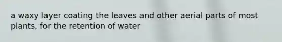 a waxy layer coating the leaves and other aerial parts of most plants, for the retention of water