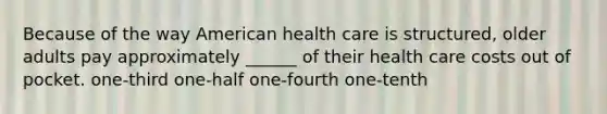 Because of the way American health care is structured, older adults pay approximately ______ of their health care costs out of pocket. one-third one-half one-fourth one-tenth