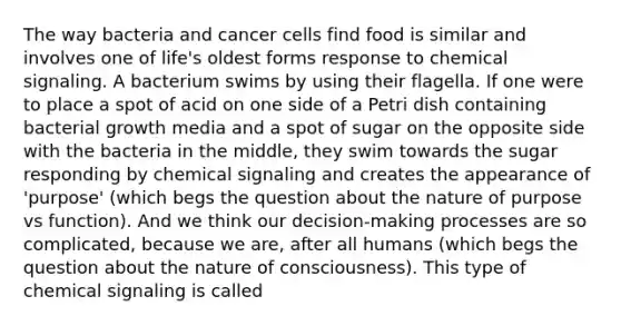 The way bacteria and cancer cells find food is similar and involves one of life's oldest forms response to chemical signaling. A bacterium swims by using their flagella. If one were to place a spot of acid on one side of a Petri dish containing bacterial growth media and a spot of sugar on the opposite side with the bacteria in the middle, they swim towards the sugar responding by chemical signaling and creates the appearance of 'purpose' (which begs the question about the nature of purpose vs function). And we think our decision-making processes are so complicated, because we are, after all humans (which begs the question about the nature of consciousness). This type of chemical signaling is called