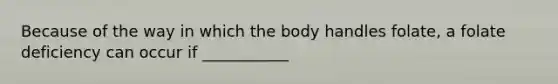 Because of the way in which the body handles folate, a folate deficiency can occur if ___________
