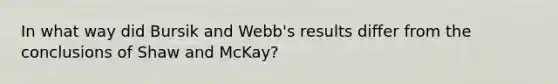 In what way did Bursik and Webb's results differ from the conclusions of Shaw and McKay?