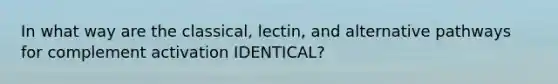 In what way are the classical, lectin, and alternative pathways for complement activation IDENTICAL?