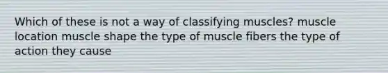 Which of these is not a way of classifying muscles? muscle location muscle shape the type of muscle fibers the type of action they cause