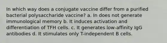 In which way does a conjugate vaccine differ from a purified bacterial polysaccharide vaccine? a. In does not generate immunological memory b. It induces activation and differentiation of TFH cells. c. It generates low-affinity IgG antibodies d. It stimulates only T-independent B cells.