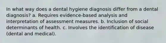 In what way does a dental hygiene diagnosis differ from a dental diagnosis? a. Requires evidence-based analysis and interpretation of assessment measures. b. Inclusion of social determinants of health. c. Involves the identification of disease (dental and medical).