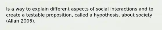 Is a way to explain different aspects of social interactions and to create a testable proposition, called a hypothesis, about society (Allan 2006).