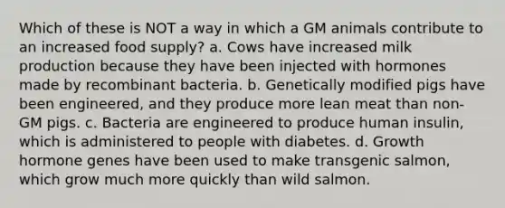 Which of these is NOT a way in which a GM animals contribute to an increased food supply? a. Cows have increased milk production because they have been injected with hormones made by recombinant bacteria. b. Genetically modified pigs have been engineered, and they produce more lean meat than non-GM pigs. c. Bacteria are engineered to produce human insulin, which is administered to people with diabetes. d. Growth hormone genes have been used to make transgenic salmon, which grow much more quickly than wild salmon.