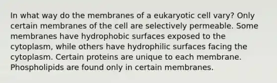 In what way do the membranes of a eukaryotic cell vary? Only certain membranes of the cell are selectively permeable. Some membranes have hydrophobic surfaces exposed to the cytoplasm, while others have hydrophilic surfaces facing the cytoplasm. Certain proteins are unique to each membrane. Phospholipids are found only in certain membranes.