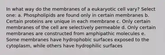 In what way do the membranes of a eukaryotic cell vary? Select one: a. Phospholipids are found only in certain membranes b. Certain proteins are unique in each membrane c. Only certain membranes of the cell are selectively permeable d. Only certain membranes are constructed from amphipathic molecules e. Some membranes have hydrophobic surfaces exposed to the cytoplasm, while others have hydrophilic surfaces