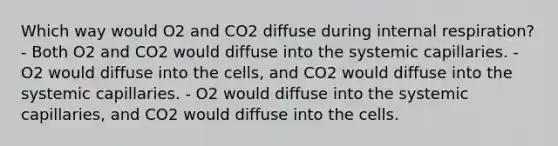 Which way would O2 and CO2 diffuse during internal respiration? - Both O2 and CO2 would diffuse into the systemic capillaries. - O2 would diffuse into the cells, and CO2 would diffuse into the systemic capillaries. - O2 would diffuse into the systemic capillaries, and CO2 would diffuse into the cells.