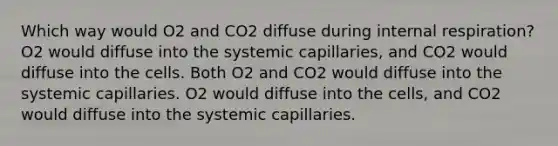 Which way would O2 and CO2 diffuse during internal respiration? O2 would diffuse into the systemic capillaries, and CO2 would diffuse into the cells. Both O2 and CO2 would diffuse into the systemic capillaries. O2 would diffuse into the cells, and CO2 would diffuse into the systemic capillaries.