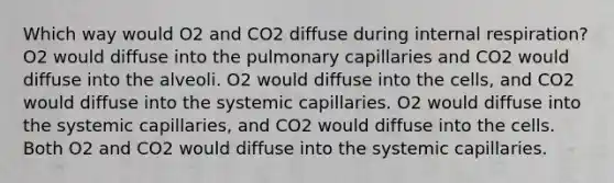 Which way would O2 and CO2 diffuse during internal respiration? O2 would diffuse into the pulmonary capillaries and CO2 would diffuse into the alveoli. O2 would diffuse into the cells, and CO2 would diffuse into the systemic capillaries. O2 would diffuse into the systemic capillaries, and CO2 would diffuse into the cells. Both O2 and CO2 would diffuse into the systemic capillaries.