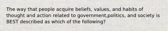 The way that people acquire beliefs, values, and habits of thought and action related to government,politics, and society is BEST described as which of the following?