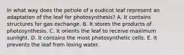 In what way does the petiole of a eudicot leaf represent an adaptation of the leaf for photosynthesis? A. It contains structures for gas exchange. B. It stores the products of photosynthesis. C. It orients the leaf to receive maximum sunlight. D. It contains the most photosynthetic cells. E. It prevents the leaf from losing water.