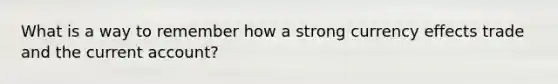 What is a way to remember how a strong currency effects trade and the current account?