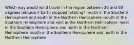 Which way would wind travel in the region between 30 and 60 degrees latitude if Earth stopped rotating? -north in the Southern Hemisphere and south in the Northern Hemisphere -south in the Southern Hemisphere and east in the Northern Hemisphere -west in the Southern Hemisphere and north in the Northern Hemisphere -south in the Southern Hemisphere and north in the Northern Hemisphere