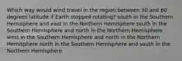 Which way would wind travel in the region between 30 and 60 degrees latitude if Earth stopped rotating? south in the Southern Hemisphere and east in the Northern Hemisphere south in the Southern Hemisphere and north in the Northern Hemisphere west in the Southern Hemisphere and north in the Northern Hemisphere north in the Southern Hemisphere and south in the Northern Hemisphere