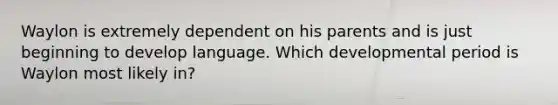 Waylon is extremely dependent on his parents and is just beginning to develop language. Which developmental period is Waylon most likely in?